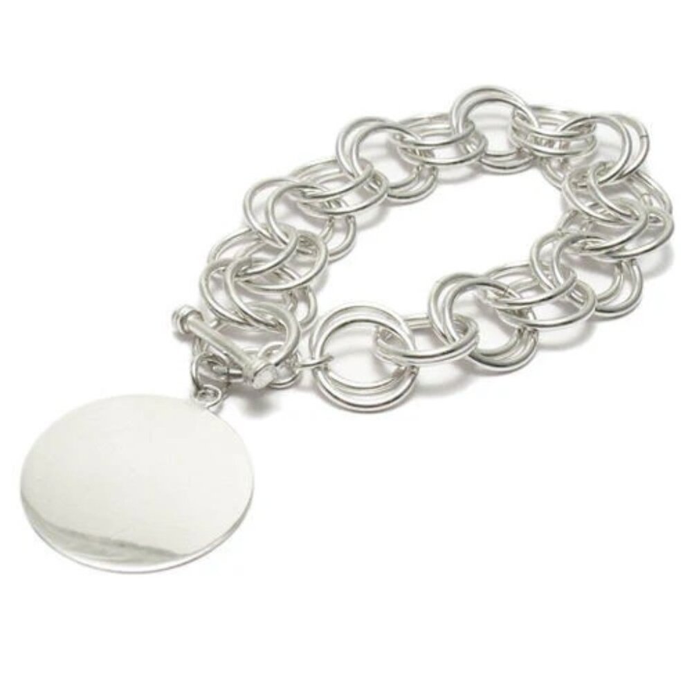 STUNNING ALPACA SILVER DOUBLE ROLO LINK BRACELET ENGRAVABLE ROUND TAG - 8 INCH
